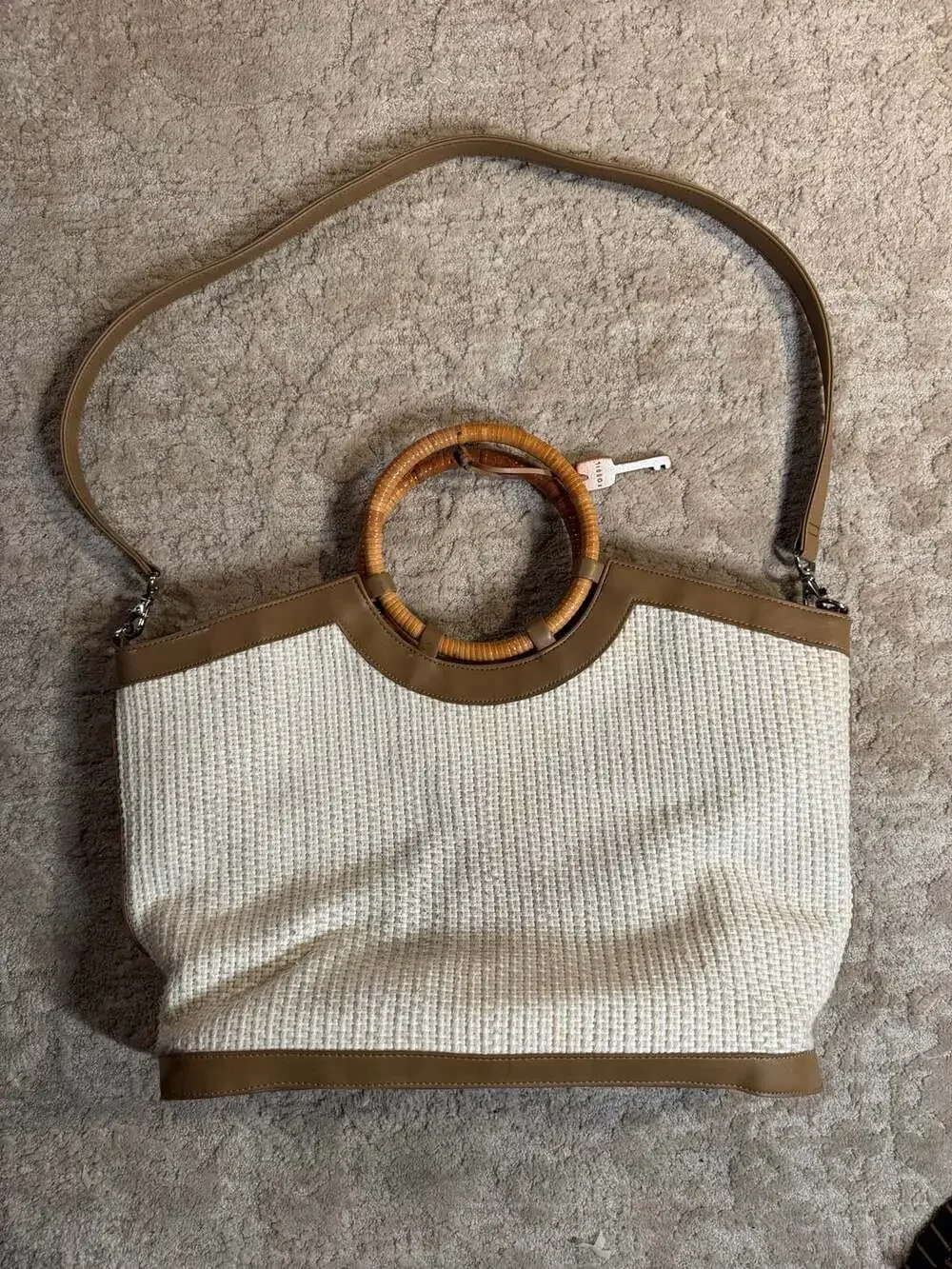 Vintage Fossil Woven Straw and Tan Leather Handbag with Bamboo Handles
